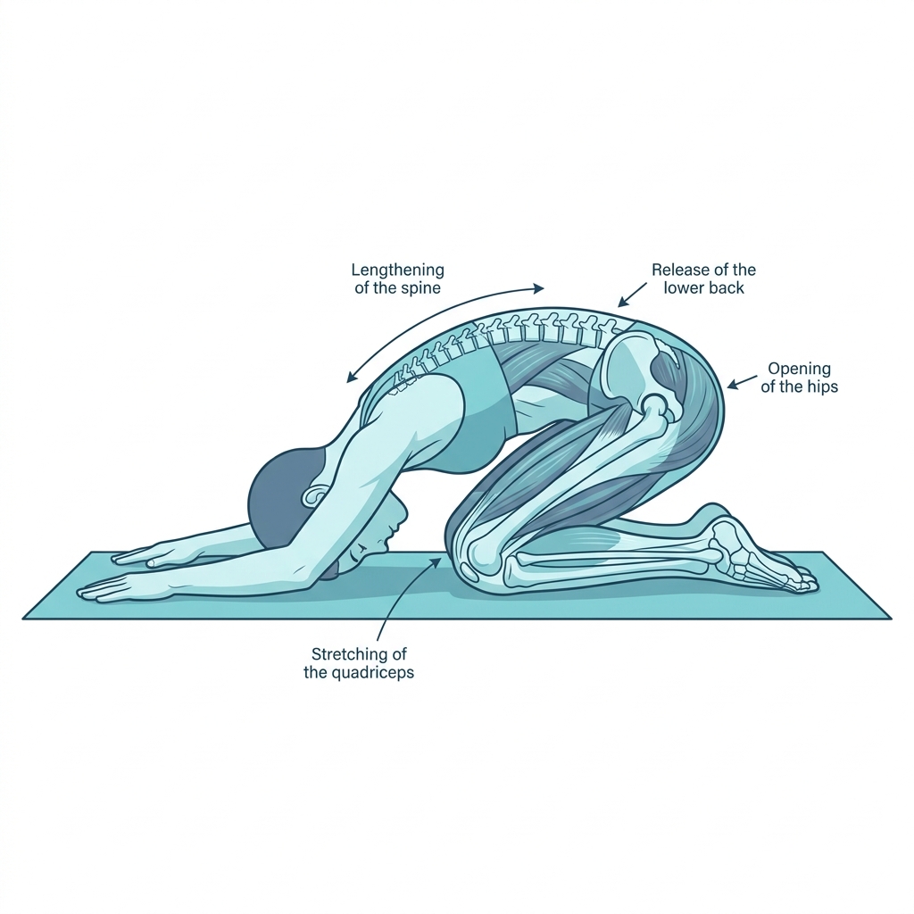 Child's Pose (Balasana) anatomical alignment detail